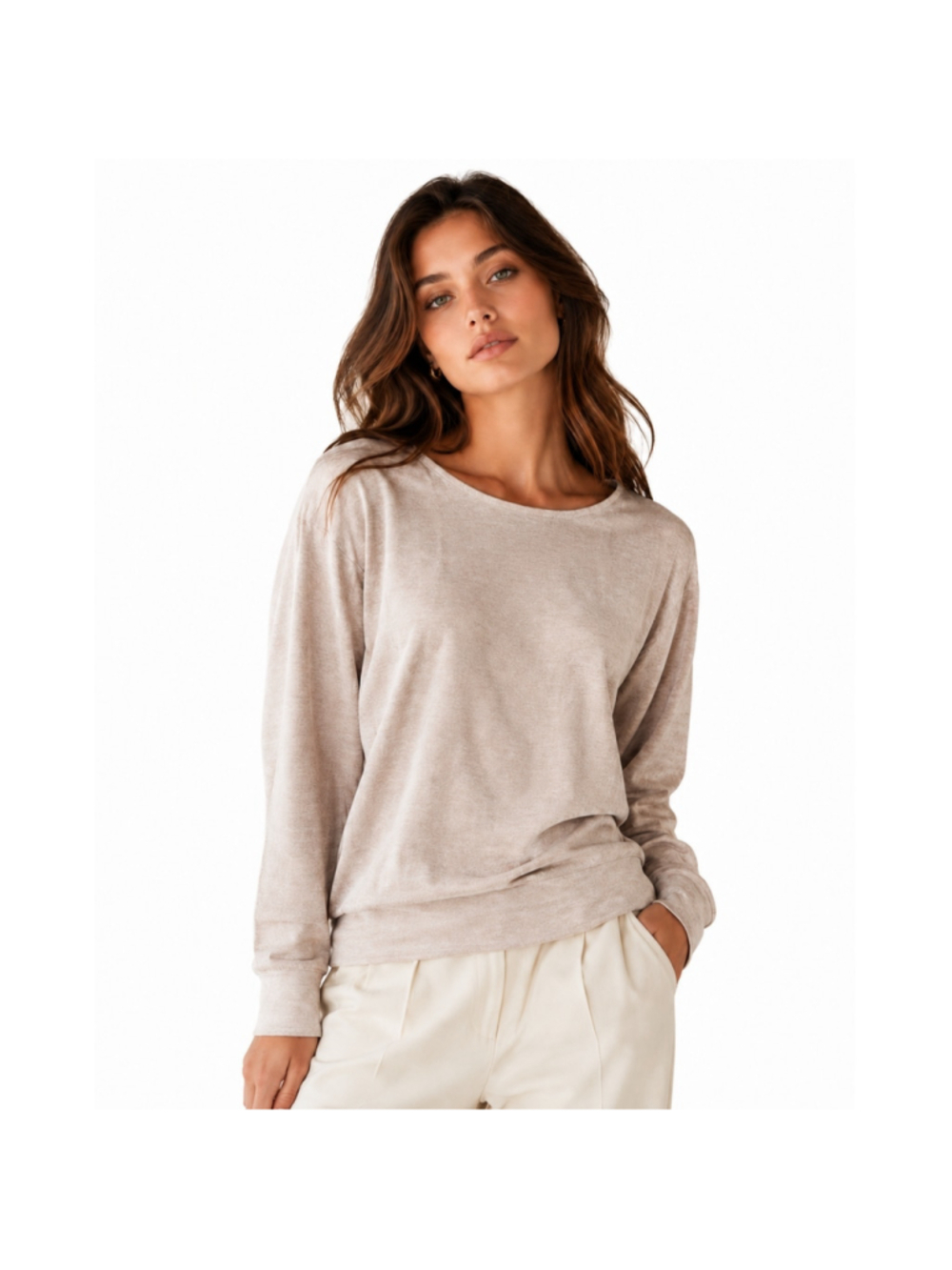 Women's Haven Well Within Fine-Knit Long Sleeve Pullover Top – Beige–Size L–NWT
